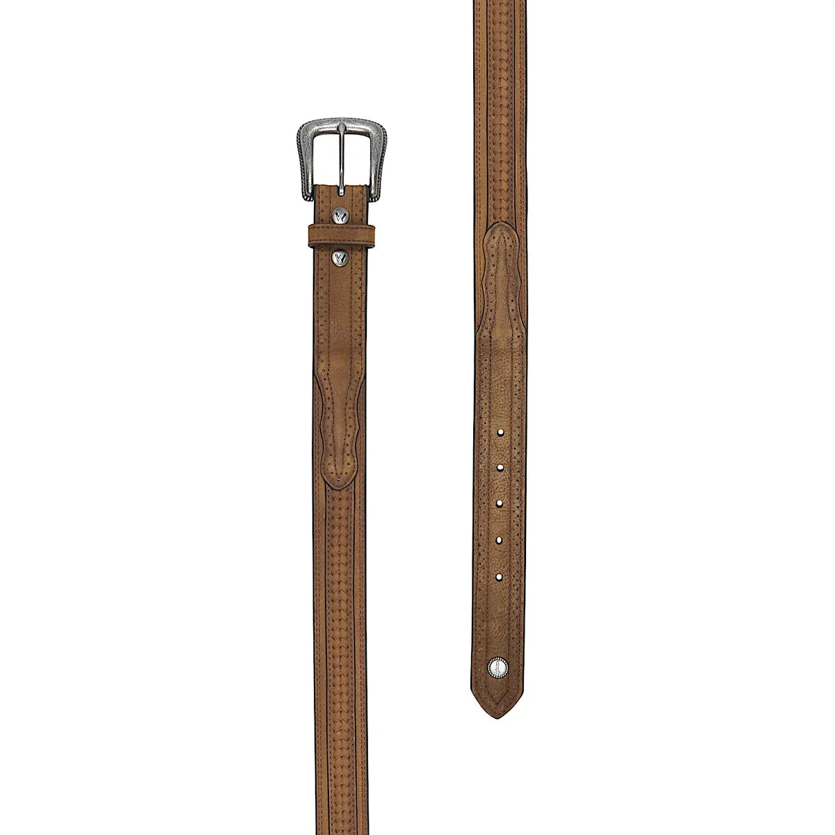 Wrangler Fletch genuine leather belt in Toffee, full-length buckle and strap views