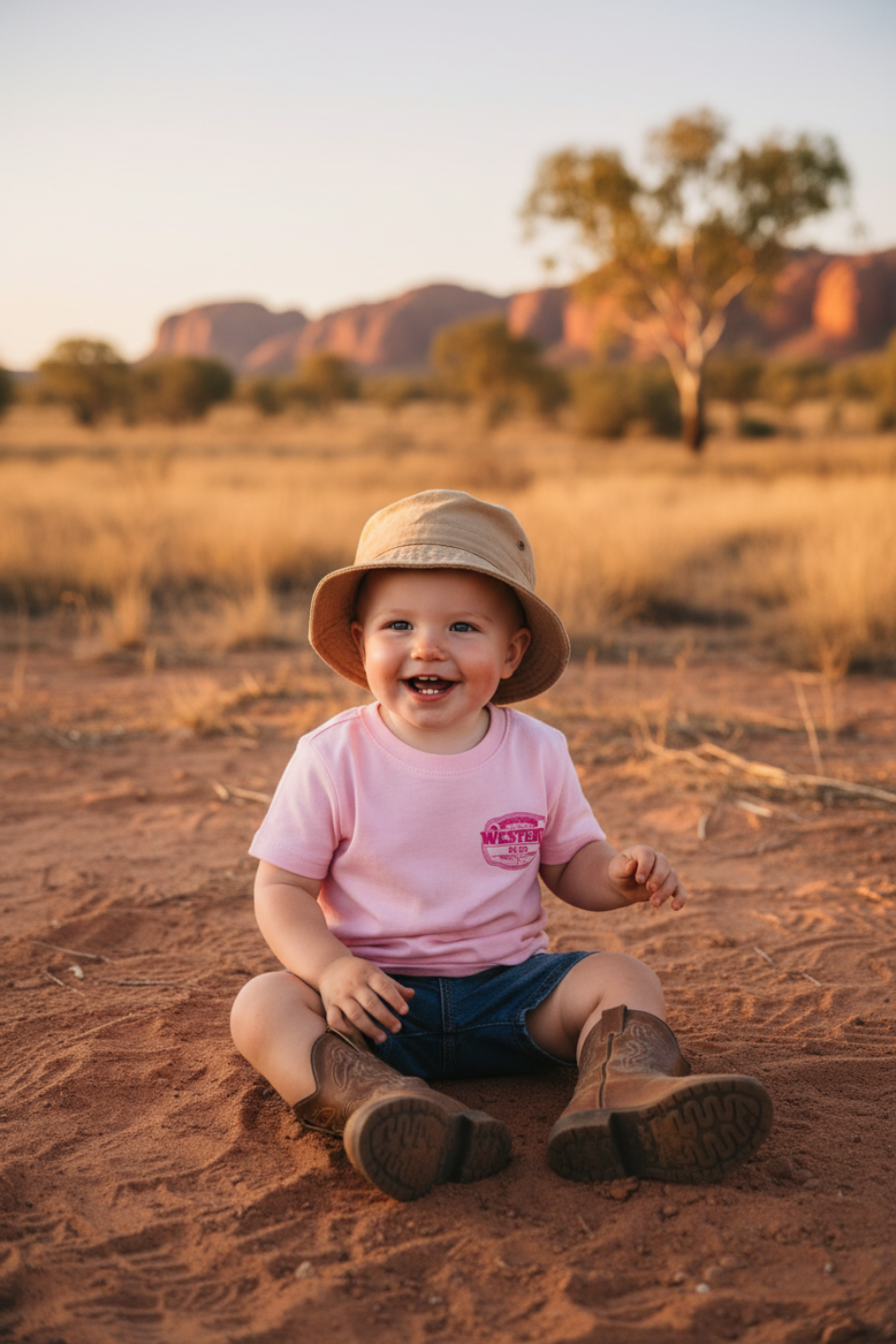 Toddler in light pink tee with darker pink logo
