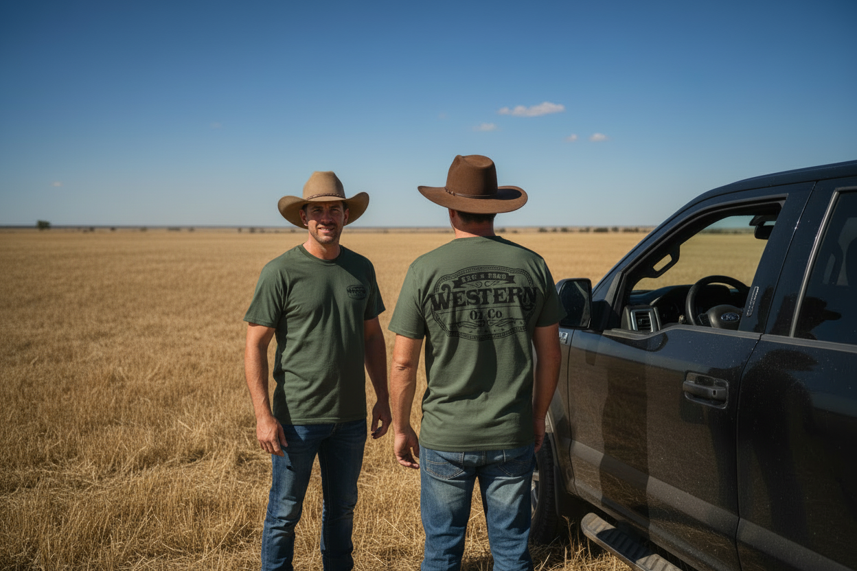 Two men in dark army green shirts with black logo