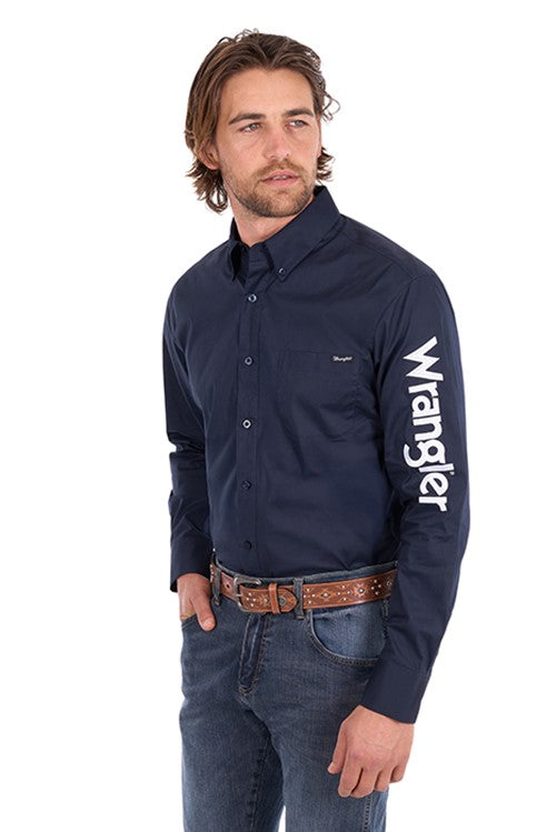 Wrangler Mens Flex Logo 1PKT LS Shirt - Navy/White