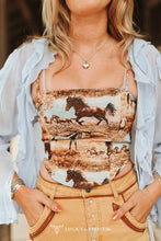 Lucky & Blessed Ladies Jacquard Woven Running Horse Corset Top