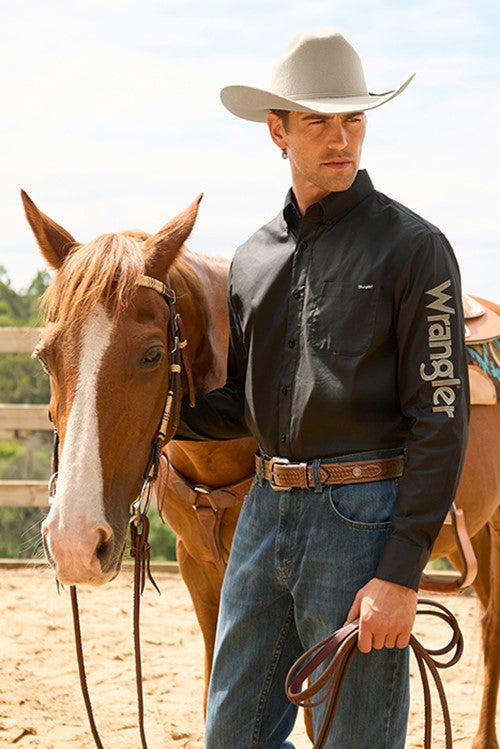 Wrangler Mens Flex Logo 1PKT LS Shirt - Black/Bronze