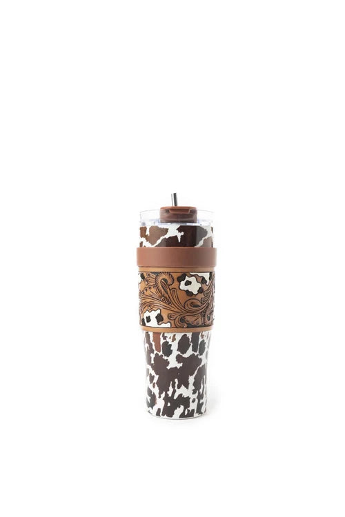 Wide Wyoming Tumbler In Brown and White with cowhide print tooled leather design