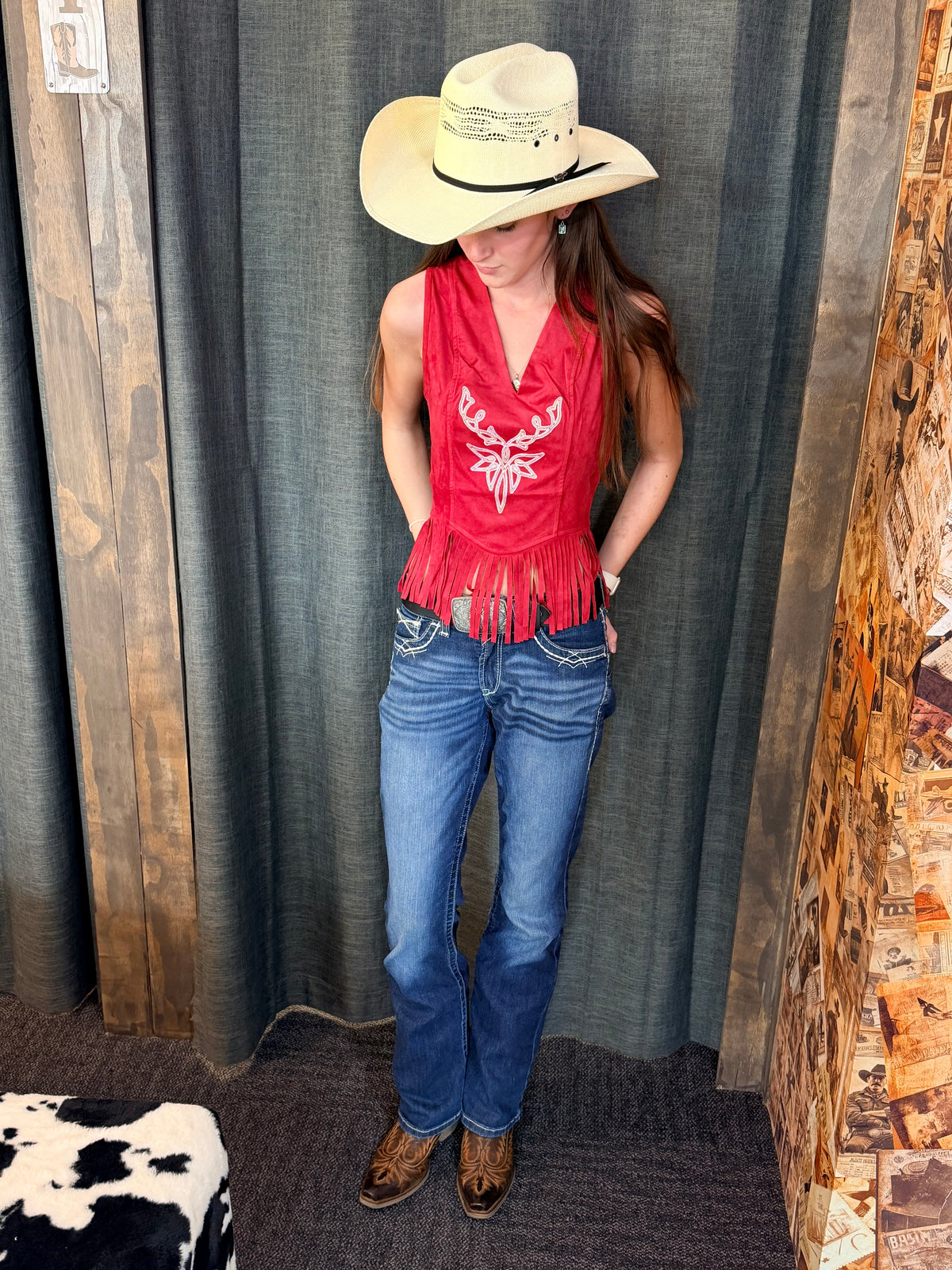 Lucky & Blessed Women's Red Stretch Suede Fringe Hem Contrast Stitching Top
