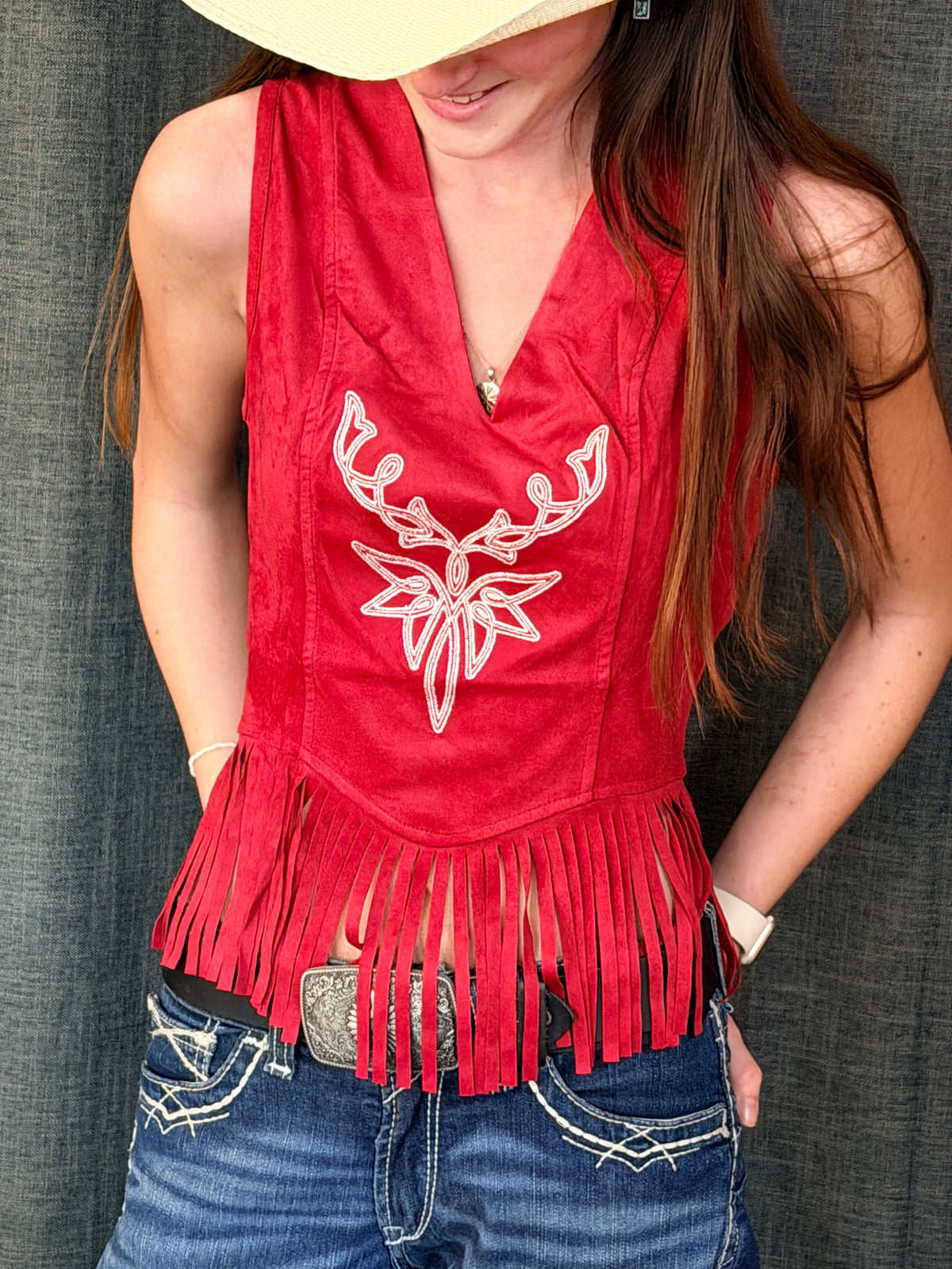 Lucky & Blessed Women's Red Stretch Suede Fringe Hem Contrast Stitching Top