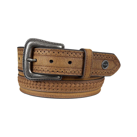 Close-up of the Wrangler Fletch belt's plaited leather strap and antique silver buckle