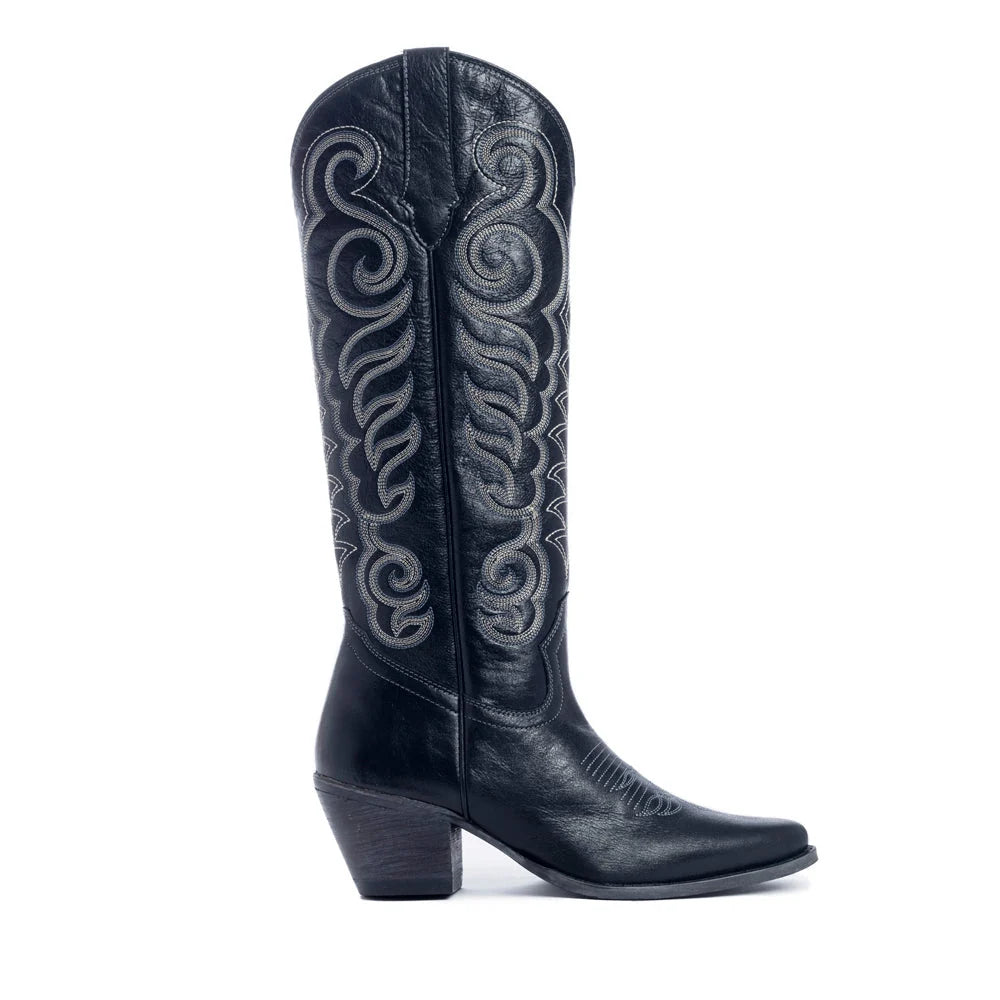 Side view of black Myra Nalejandra ladies boot with embroidered tall shaft and block heel