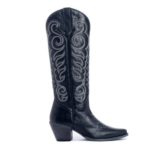 Side view of black Myra Nalejandra ladies boot with embroidered tall shaft and block heel