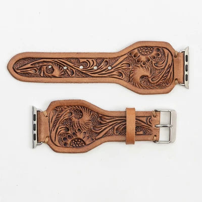 Lone Star Hand Tooled Leather Watch Band in Antique Saddle Brown