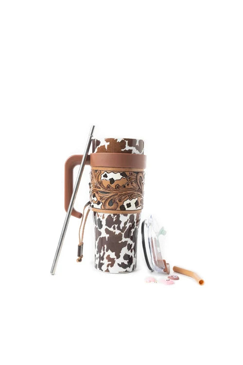 Wide Wyoming Tumbler In Brown and White with cowhide print tooled leather design