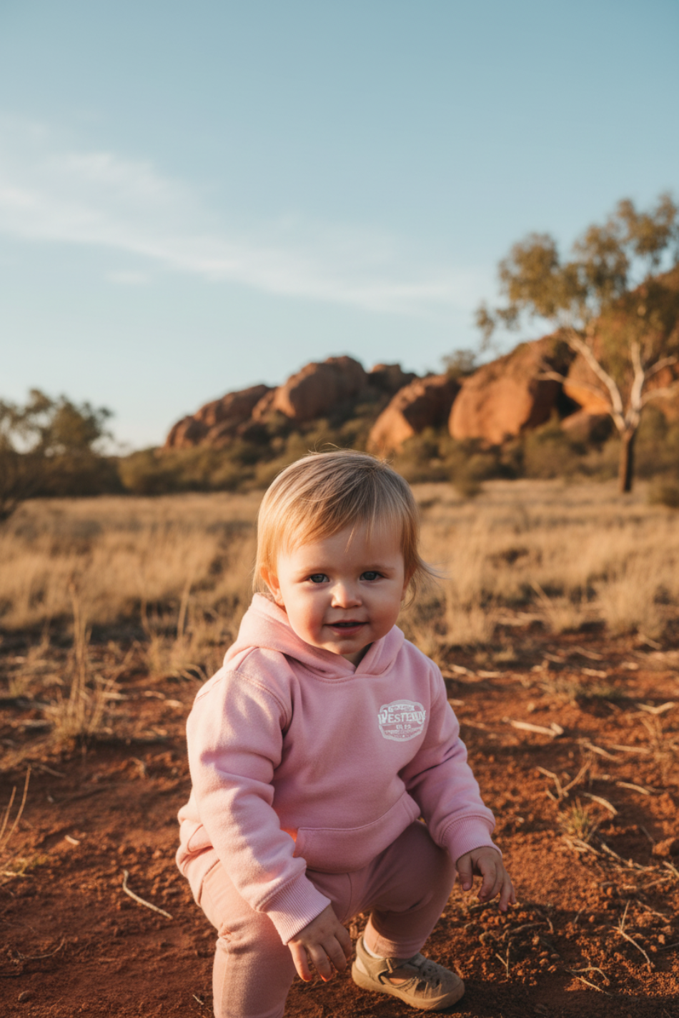 Female toddler in pink hoodie with Western Oz Co logo