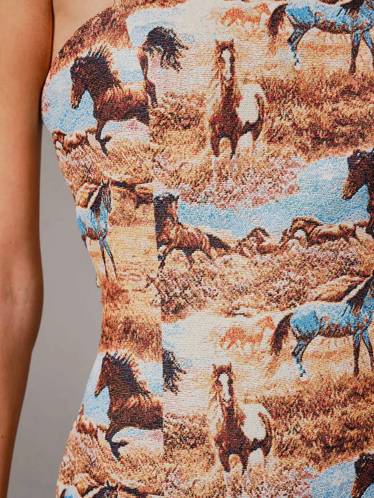 Lucky and Blessed Ladies Jacquard Woven Running Horses Strap Dress