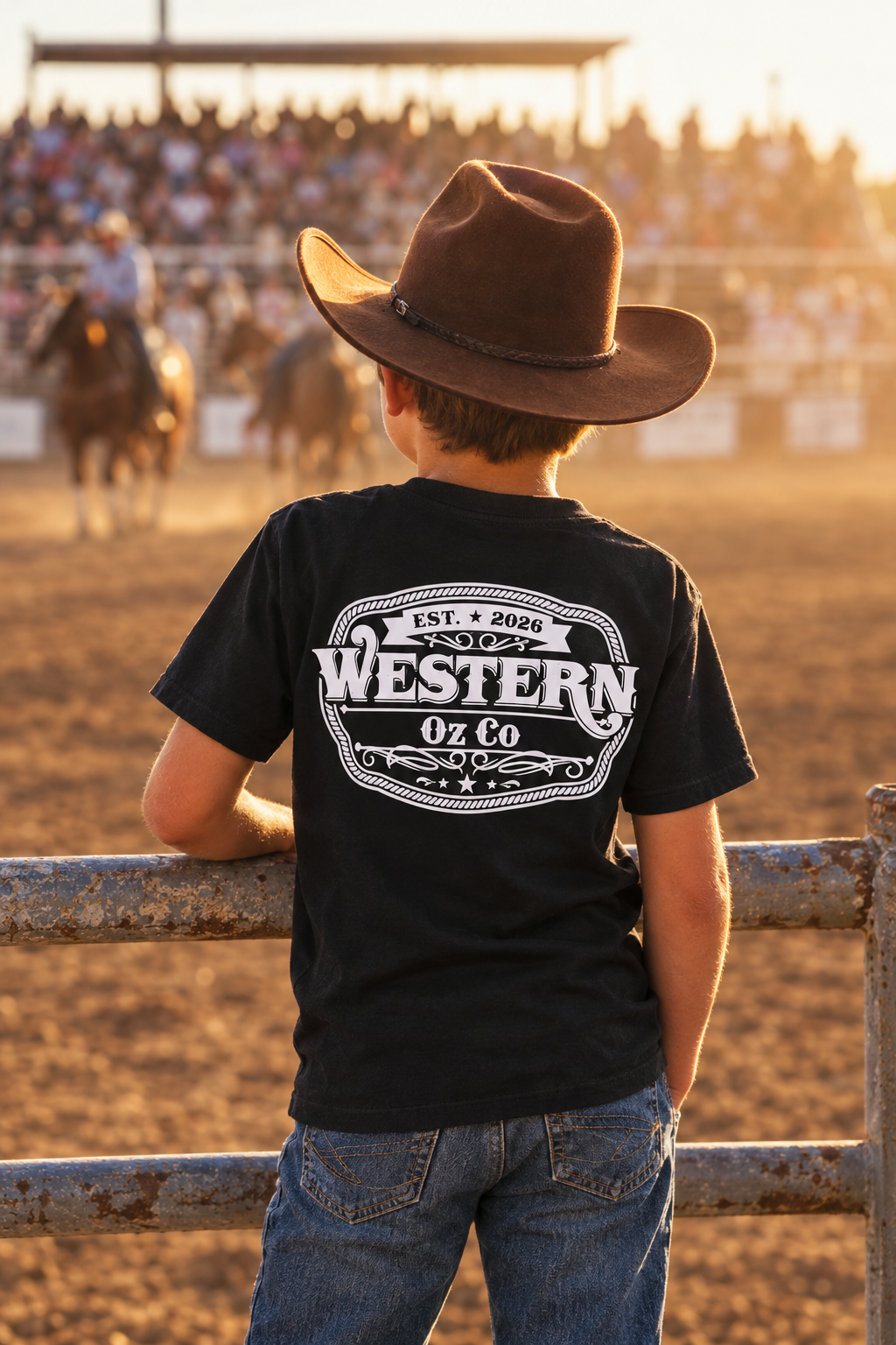 Boy at a rodeo wearing a black Western Oz Co tee with white back logo