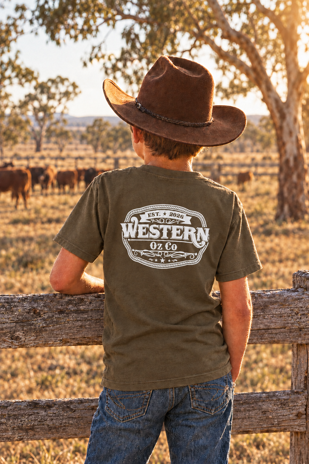 Darker khaki tee with smaller white Western Oz Co logo