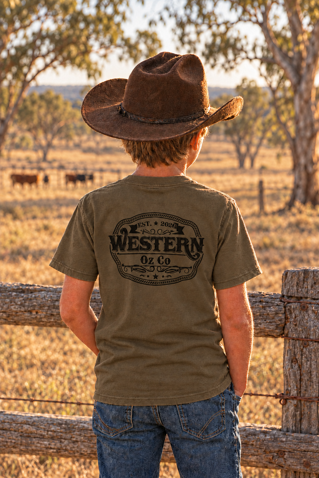 Darker khaki tee with smaller black Western Oz Co logo