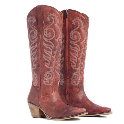 Myra Nalejandra Leather Boots for Women – Western Swirl Stitching, Low Block Heel