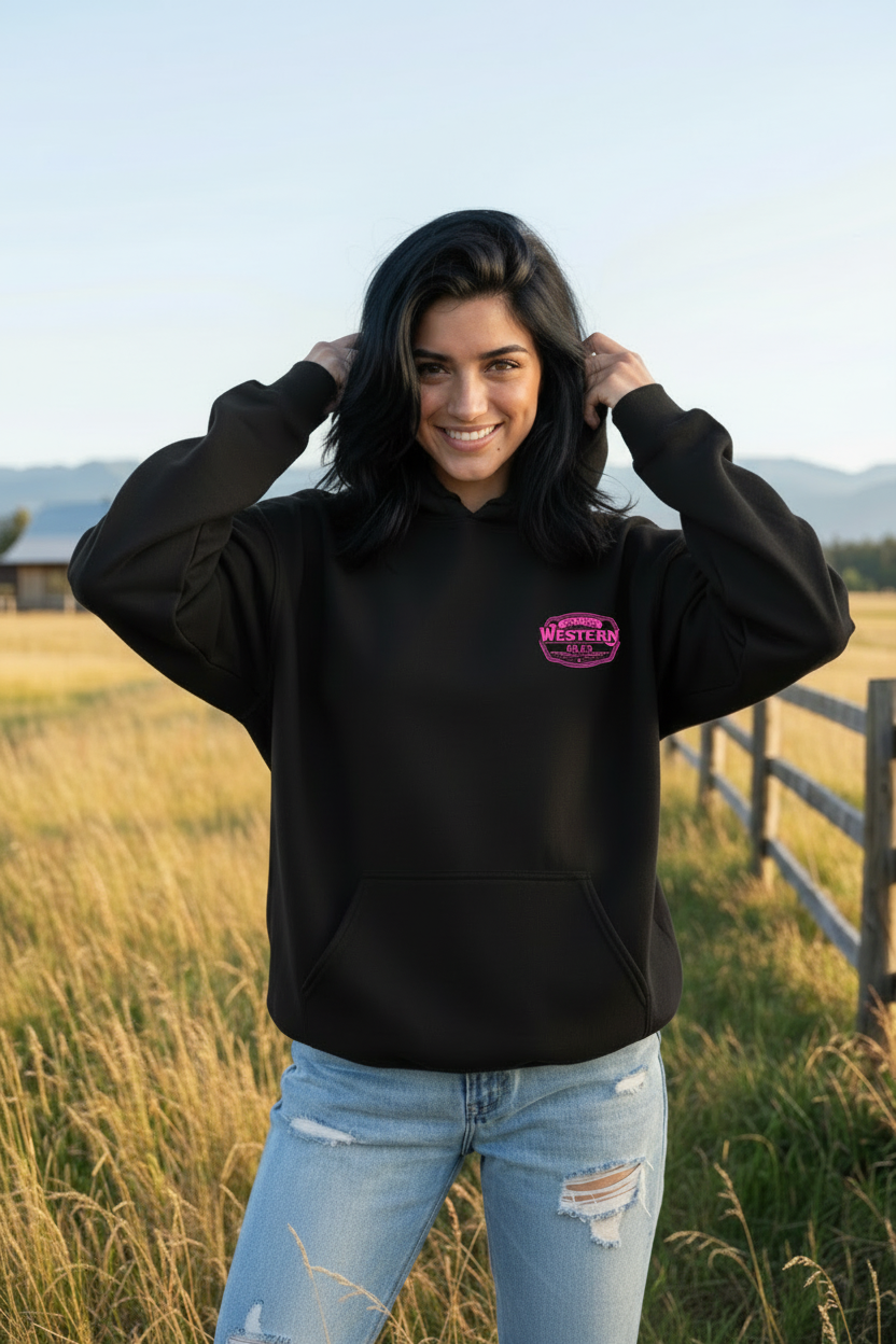 Woman in black hoodie with pink logo