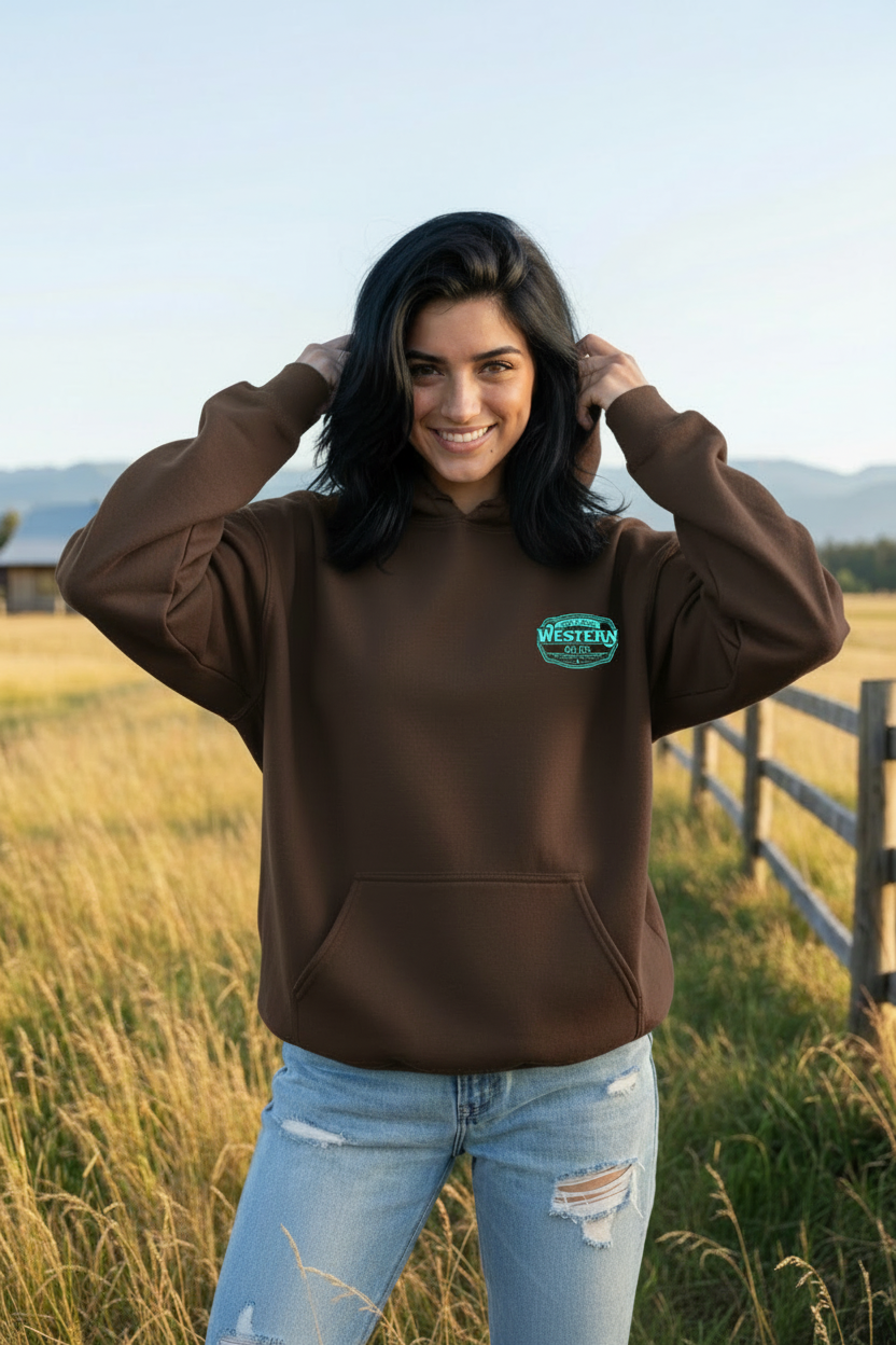 Woman in chocolate brown hoodie with logo