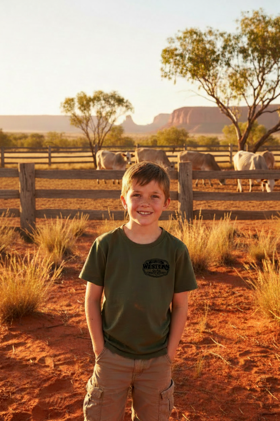 Young boy in army green tee at an Australian cattle station